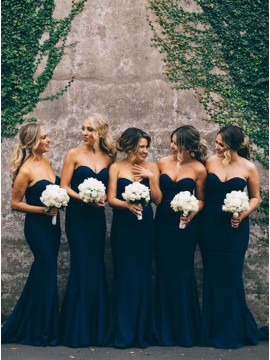 Mermaid Sweetheart Sleeveless Sweep Train Dark Navy Bridesmaid Dress