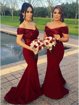 Mermaid Off-the-Shoulder Dark Red Elegant Bridesmaid Dress with Sequins