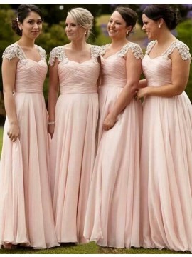 A-Line Scoop Cap Sleeves Floor-Length Pink Bridesmaid Dress with Beading Pleats