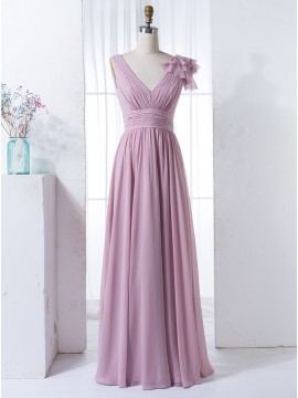 A-Line V-Neck Floor-Length Blush Chiffon Bridesmaid Dress with Pleats Ruffles