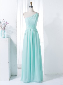 A-Line One Shoulder Floor-Length Blue Chiffon Bridesmaid Dress with Beading