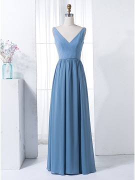 A-Line V-Neck Navy Blue Ruched Chiffon Bridesmaid Dress with Pleats