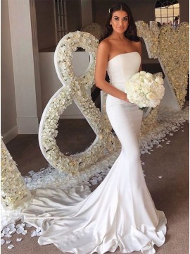 Strapless Mermaid Long Wedding Party Dress White Bridesmaid Dress