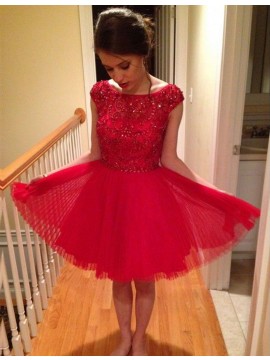 A-Line Bateau Cap Sleeves Knee-Length Red Homecoming Dress with Beading Lace