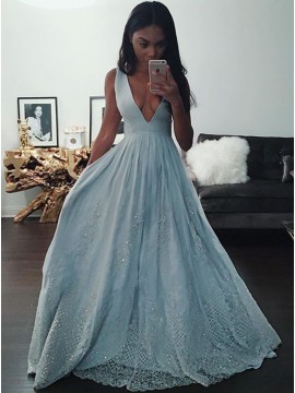 A-Line Deep V-Neck Blue Long Prom Dress with Appliques Beading