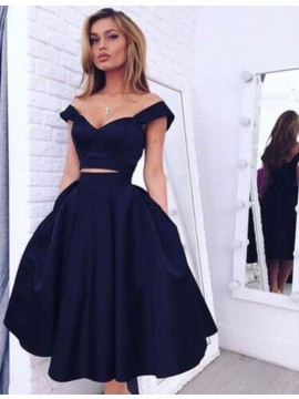 A-Line Off-the-Shoulder Mid-Calf Open Back Navy Blue Prom Dress with Pleats
