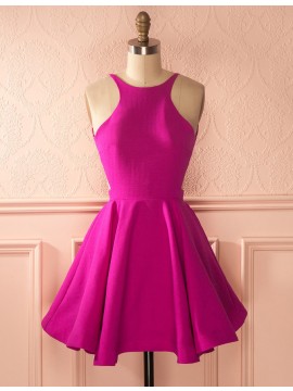 A-Line Jewel Backless Fuchsia Short Homecoming Cocktail Dress with Pleated