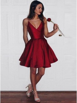 A-Line Spaghetti Straps Short Dark Red Satin Homecoming Dress with Pockets