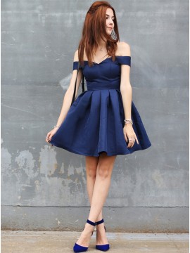 A-Line Off-the-Shoulder Short Navy Blue Homecoming Dress