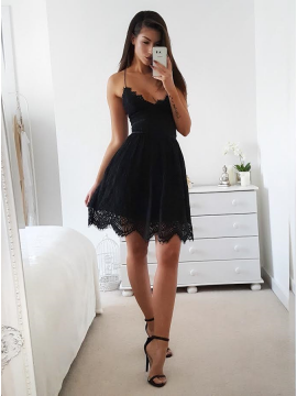 A-Line Spaghetti Straps Black Homecoming Dress with Lace