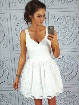 A-Line Straps Short White Simple Lace Homecoming/Cocktail Dress