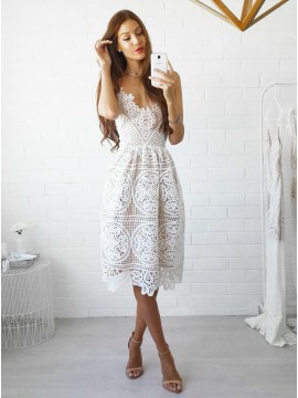 A-Line Spaghetti Straps Knee-Length White Lace Prom Homecoming Dress