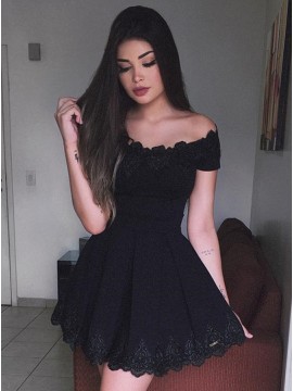 A-Line Off-the-Shoulder Short Sleeves Black Lace Homecoming Dress 