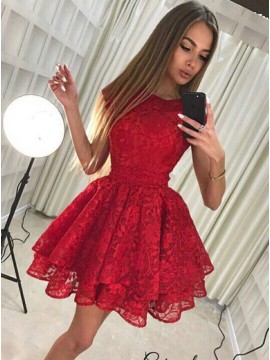 A-Line Round Neck Cap Sleeves Short Red Lace Tiered Homecoming Dress with Bowknot