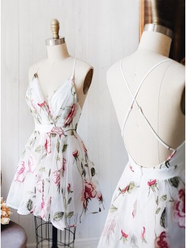 A-Line V-Neck Criss-Cross Straps White Printed Chiffon Homecoming Dress