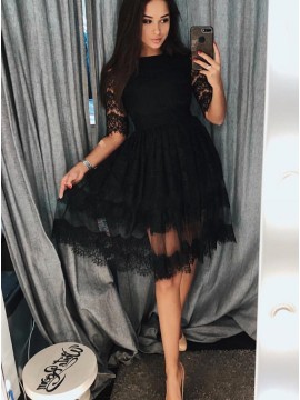 A-Line Crew Half Sleeves Knee-Length Black Homecoming Dress with Lace