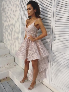 A-Line Spaghetti Straps High Low Pink Lace Prom Homecoming Dress