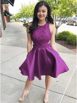 A-Line Crew Above-Knee Purple Homecoming Dress with Lace Pockets