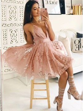 A-Line V-Neck Above-Knee Blush Homecoming Dress with Pleats