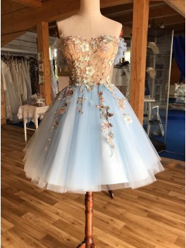 A-Line Off-the-Shoulder Above-Knee Light Blue Homecoming Prom Dress with Appliques