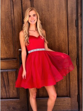 A-Line Sweetheart Above-Knee Red Homecoming Dress with Beading