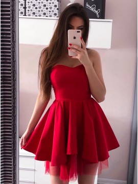 A-Line Sweetheart Sleeveless Short Red Satin Homecoming Party Dress