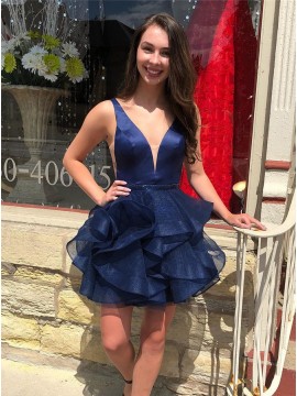 A-Line V-Neck Sleeveless Short Dark Blue Tiered Homecoming Party Dress