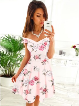 A-Line Off-the-Shoulder Above-Knee Pearl Pink Printed Homecoming Party Dress