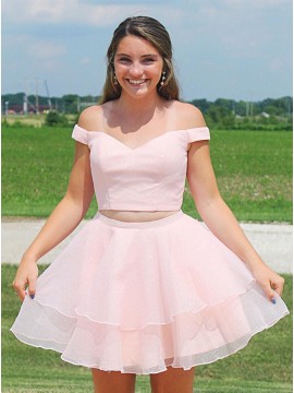 Off-the-Shoulder Pink Short Two Piece Homecoming Dress with Tiered