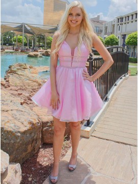 A-Line V-Neck Backless Pink Short Homecoming Dress with Beading