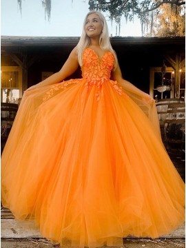 Orange Appliques Long Prom Dress