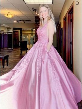 Pink Satin Embroidery Prom Dress