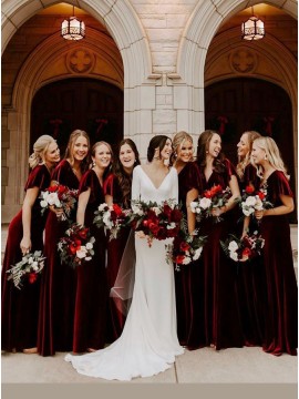 Burgundy A-Line Short Sleeves Long Bridesmaid Dress