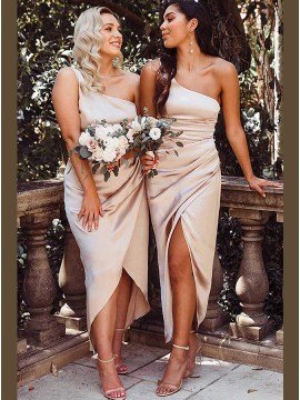 Champagne One Shoulder Silk Asymmetrical Bridesmaid Dress