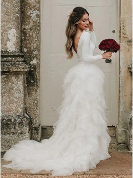 Princess A-Line Jewel Tiered Backless Wedding Dress with Sleeves