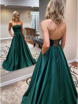 Long Strapless Dark Green Prom Dress with Pockets