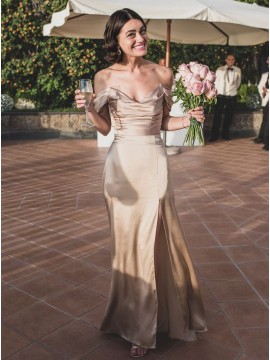 Champagne Sheath Sleeveless Off-the-Shoulder Long Bridesmaid Dress With Split