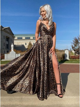 Long  Animal Print Leopard Prom Dress with Slit Pockets