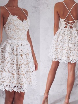 A-Line Spaghetti Straps Lace-Up White Lace Short Homecoming Dress