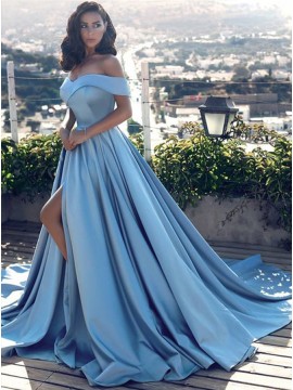 A-Line Off-the-Shoulder Court Train Blue Prom Dress with Pockets Split