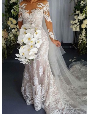 Mermaid Long Sleeves Lace Wedding Dress with Appliques Beading