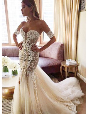 Mermaid Sweetheart Backless Court Train Wedding Dress with Appliques