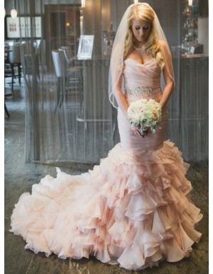 Mermaid Sweetheart Tiered Train Organza Wedding Dress with Beading