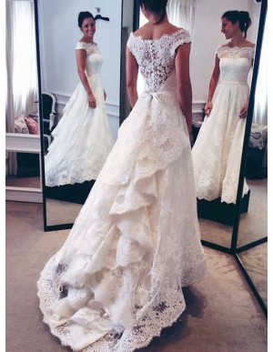 A-line Off-the-Shoulder Cap Sleeves Lace Wedding Dress with Sash Ruffles