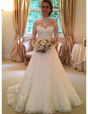 A-line High Neck Long Sleeves Open Back Lace Wedding Dress with Sashes