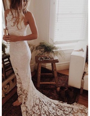 Mermaid High Neck Court Train Lace Wedding Dress with Appliques 