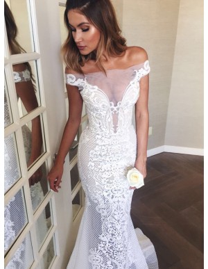 Mermaid Off-the-Shoulder Sweep Train Wedding Dress with Appliques