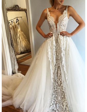 A-Line Deep V-Neck Sleeveless Court Train Wedding Dress with Lace