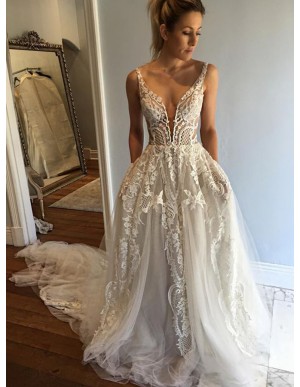 A-Line Deep V-Neck Court Train Ivory Tulle Wedding Dress with Lace Appliques