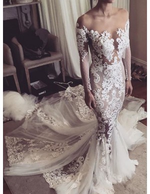 Mermaid Illusion Round Neck Long Sleeves Wedding Dress with Appliques